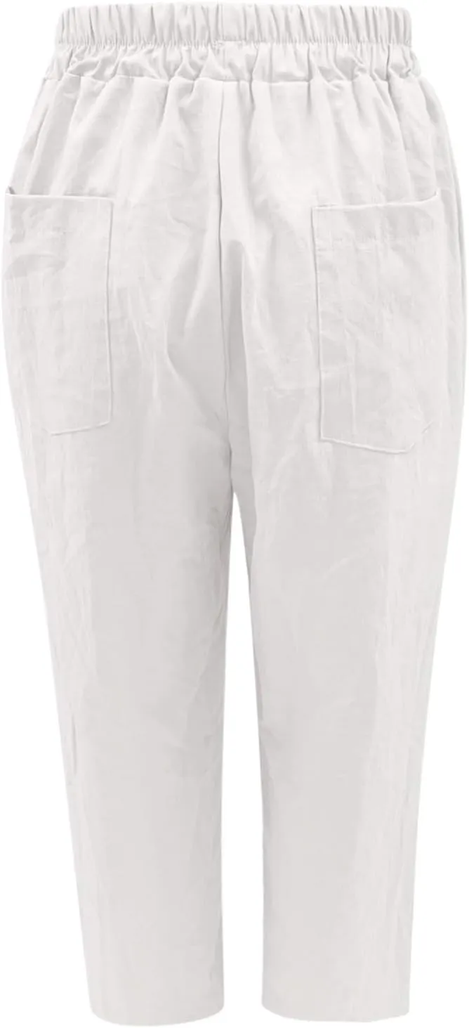 Women's Casual Linen Pants Summer Relax Fit Elastic High Waist Straight Leg Comfy Solid Color Lounge Trouser with
